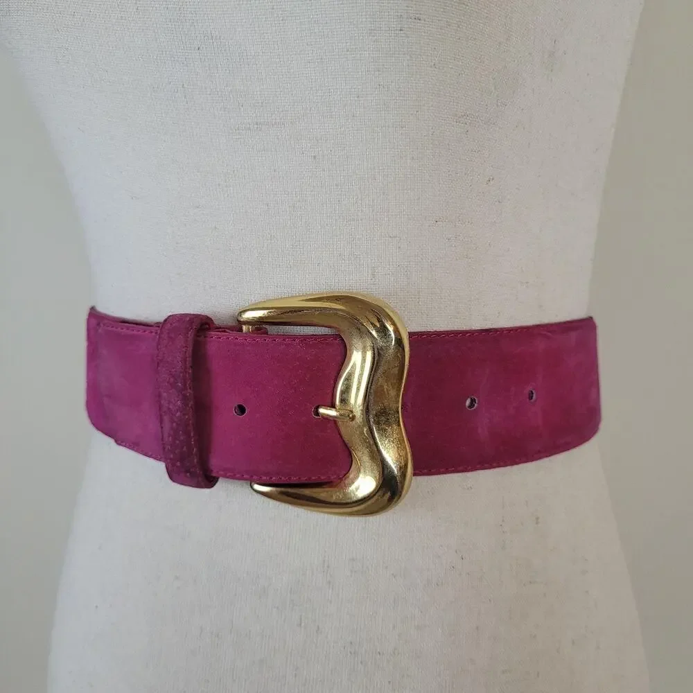 Vintage Pink Suede Leather Belt Small Wide Gold Sculptural Statement Waist 80s